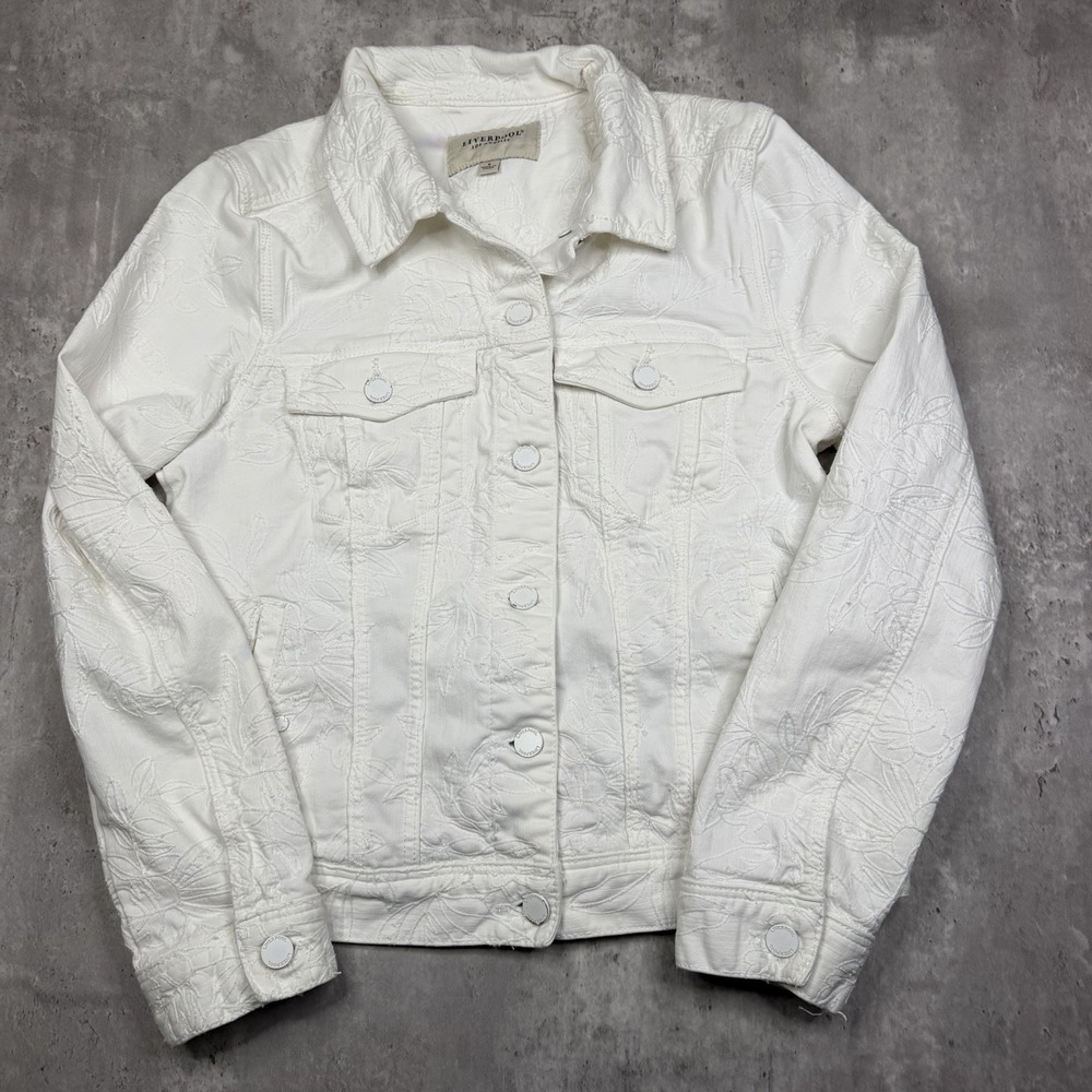 Liverpool Los Angeles White Denim Jacket Women Small Textured Floral Button Up